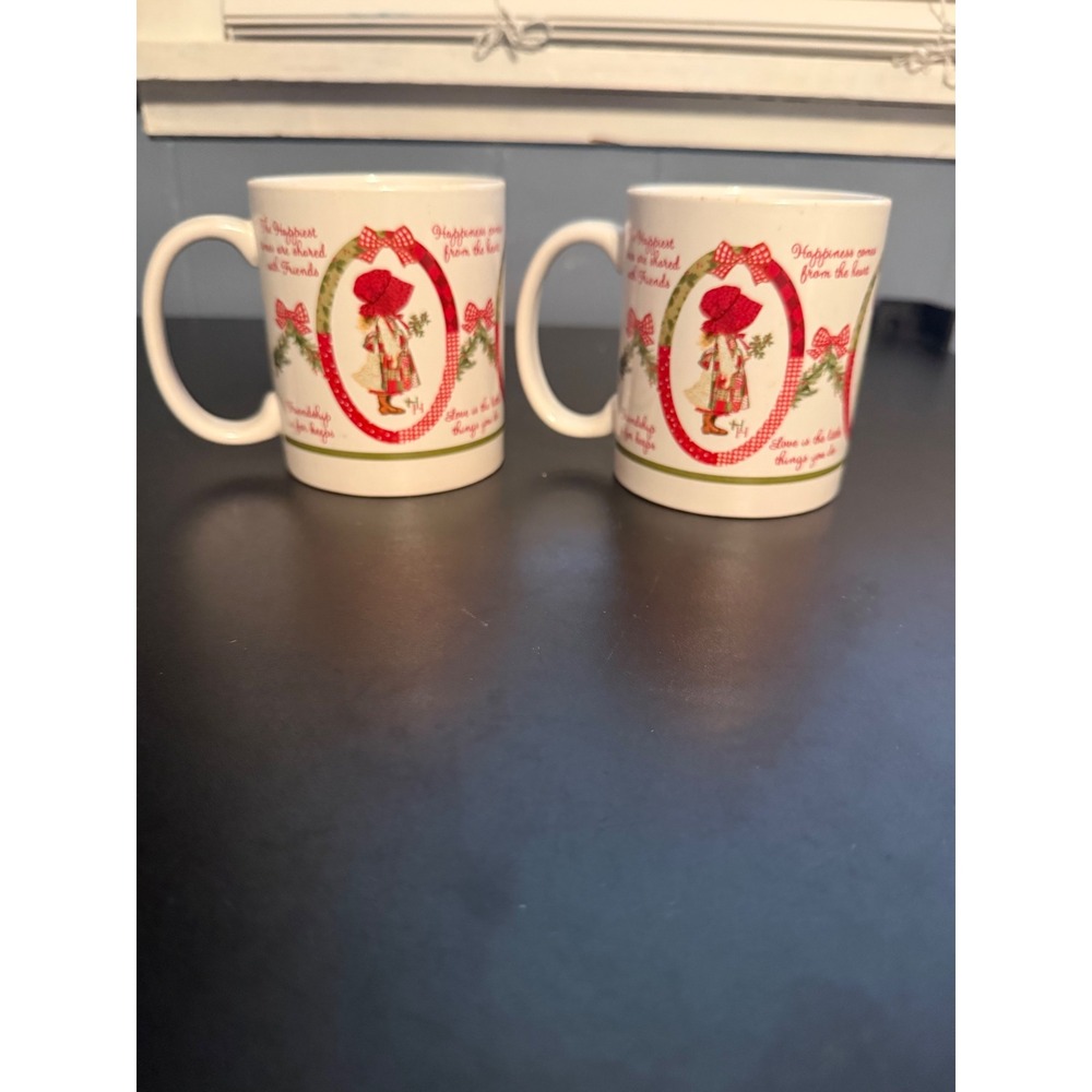 Vintage Holly Hobbie Christmas Friendship Coffee Mugs Set of 2 White Ceramic